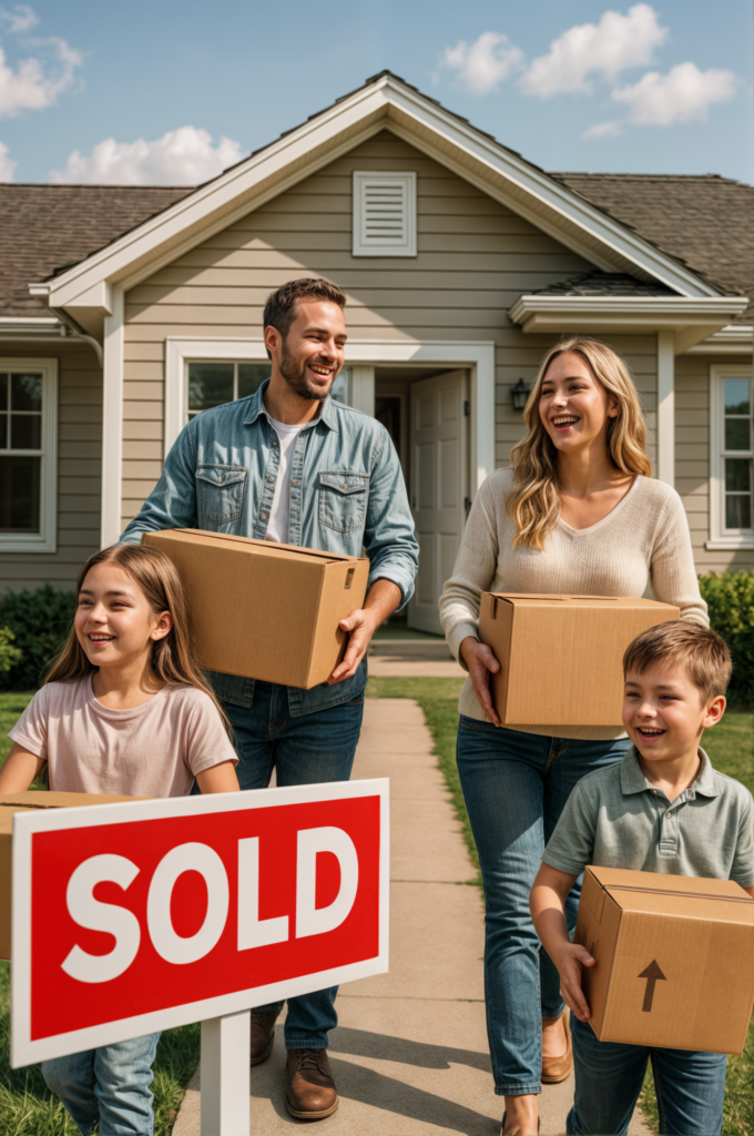 A family happily moving out of their house with boxes, celebrating the successful sale of their home with a 'SOLD' sign in front, after selling their house fast in Independence MO.